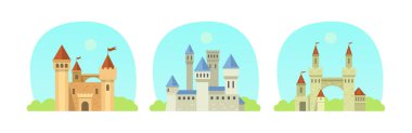 Ortaçağ kalesi seti. Peri masalı ortaçağ kulesi, ön cephe köşkü prenses kalesi, kapılarıyla güçlendirilmiş saray, muhteşem kral kalesi, ortaçağ binaları, tarihi karikatür evi vektörü.