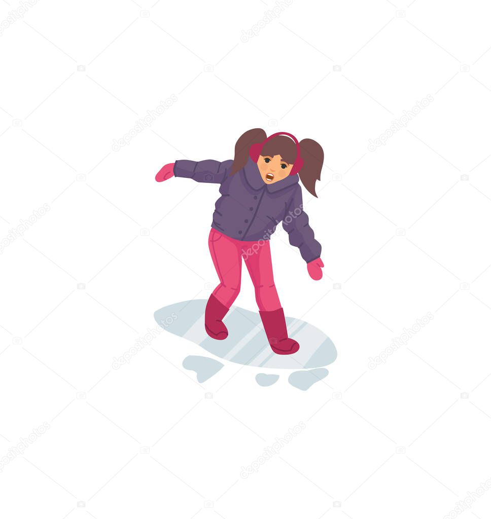 Natural disasters, severe weather unfavorable environmental conditions. Child walks and stumbles on slippery ice cartoon vector illustration