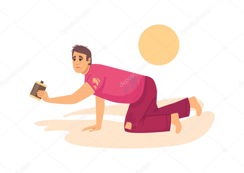 Natural disasters, severe weather unfavorable environmental conditions. Man in desert crawling on his knees on sands in desert without water cartoon vector illustration