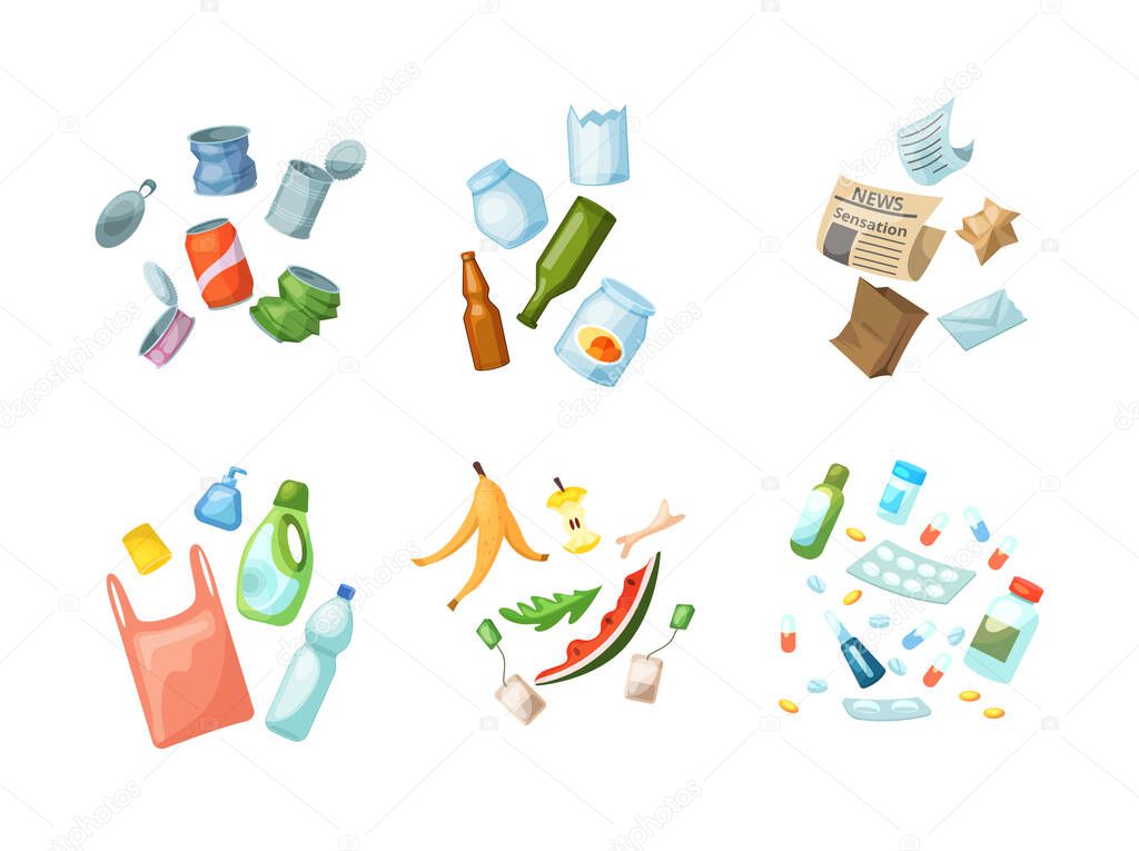Garbage in heaps sorted by category organic, paper, plastic, glass, metal, tablets. Separation of garbage into different containers. Recycling sorting, waste collection vector