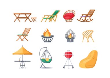 Garden outdoor furniture set. Swing bench seat, bag rocking chair, table with umbrella, hanging hammock, gazebo, fireplaces, barbecue grill, gazebo tent. Furniture for rest relaxation cartoon vector clipart