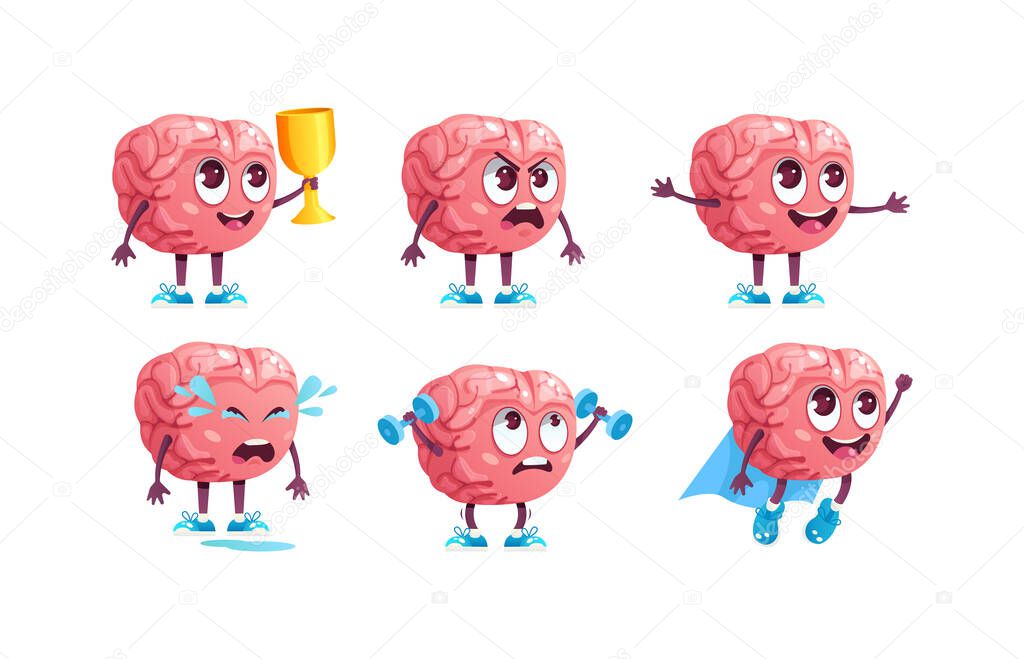 Brain emotion character cartoon set. ?ute cartoon mascot suffers from headache, cries, is sad, angry, goes in for sports, wins and receives cup, in superhero costume trying to take off cartoon vector