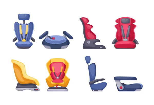 様々な年齢層のためのベビーチャイルドシート0 3の子供 新生児 車の中で安全な動きのためのアームチェア 子供の拘束の車の種類 シート サポートクッション ブースター漫画ベクトル — ストックベクタ