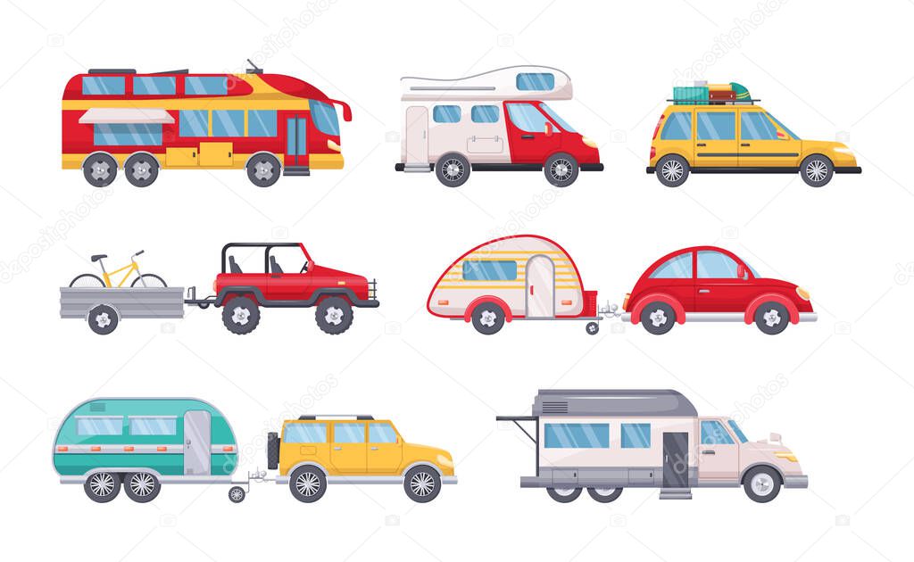 Camping caravan cars for travel adventure. Camper, motorhome, van, home family car, camping trailer transport recreational vehicle. Tourism transport for holiday trip, nature vacation cartoon vector