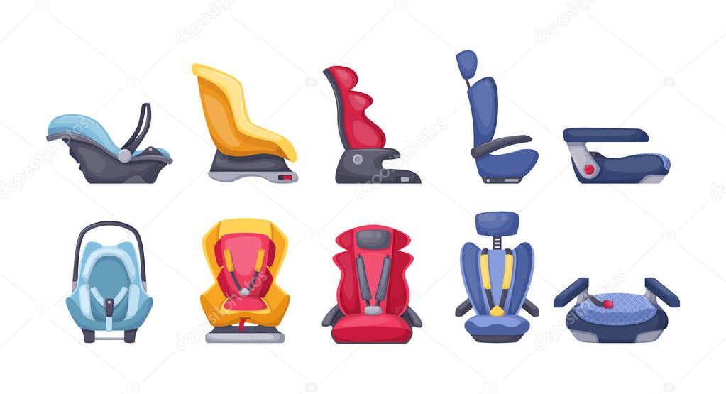 Baby child car seats for various age groups 0,1,2,3 child, infant, newborn baby. Armchairs for safe movement in vehicles, car type of child restraint, seat, support cushion, booster cartoon vector