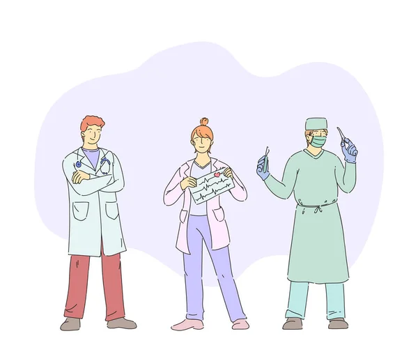 Personajes Médicos Personal Salud Del Hospital Médico Terapeuta Cardiólogo Cirujano — Vector de stock