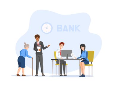 Banka ofisindeki çeşitli insanlar, yöneticiler ve müşteriler. Mali danışmanlık merkezindeki müşterilerle çalışan dost canlısı çalışanlar bekleme odasında resepsiyonda. Genç ve yaşlılar bankacılık vektörünü ziyaret etti