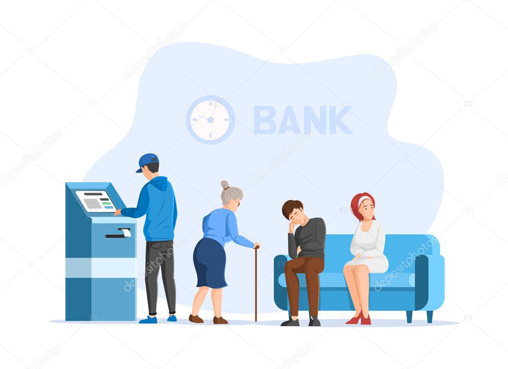People waiting for appointment at bank office room. Man, woman sitting on couch, taking ticket at queue management system machine, visit financial consultation center with waiting room reception
