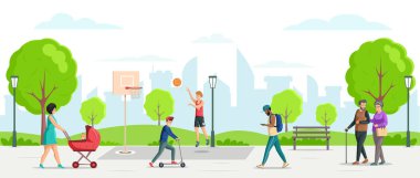 Mutlu insanlar parktaki yaz aktivitelerinin tadını çıkarıyorlar. Yaşlı, çocuklu bir aile rahatlıyor, uzaktan çalışıyor, scooterlara biniyor, basketbol oynuyor, yürüyor ve telefonda konuşuyor.