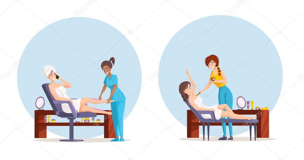 Collection of beauty spa procedures hair removing at salon. Female beautician work with clients, armpit shugaring, waxing female legs and body depilation and legs use equipment isolated cartoon vector