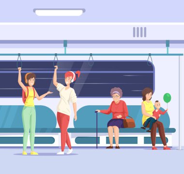 Bir sürü insan toplu taşıma metrosundan geçiyor. Şehir otobüsü metrosundaki yolcular. Trendeki yaşlı kadınlar iletişim kurar, konuşur, kitap okurlar. Kentsel gidip gelen araç vektörü