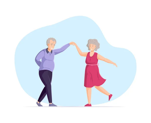 年配の男性と女性の高齢者が踊る 老人を踊らせる 音楽会で一緒に幸せなアクティブな高齢者のカップル ダンサーの祖母と祖父の漫画のベクトルイラスト — ストックベクタ