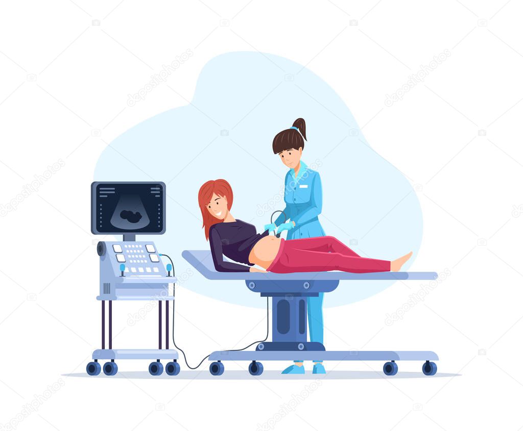 Female doctor doing ultrasound fetus screening to pregnant woman. Regular medical check up pregnancy. Future mother visit hospital for baby belly sonography scan at machine screen vector illustration