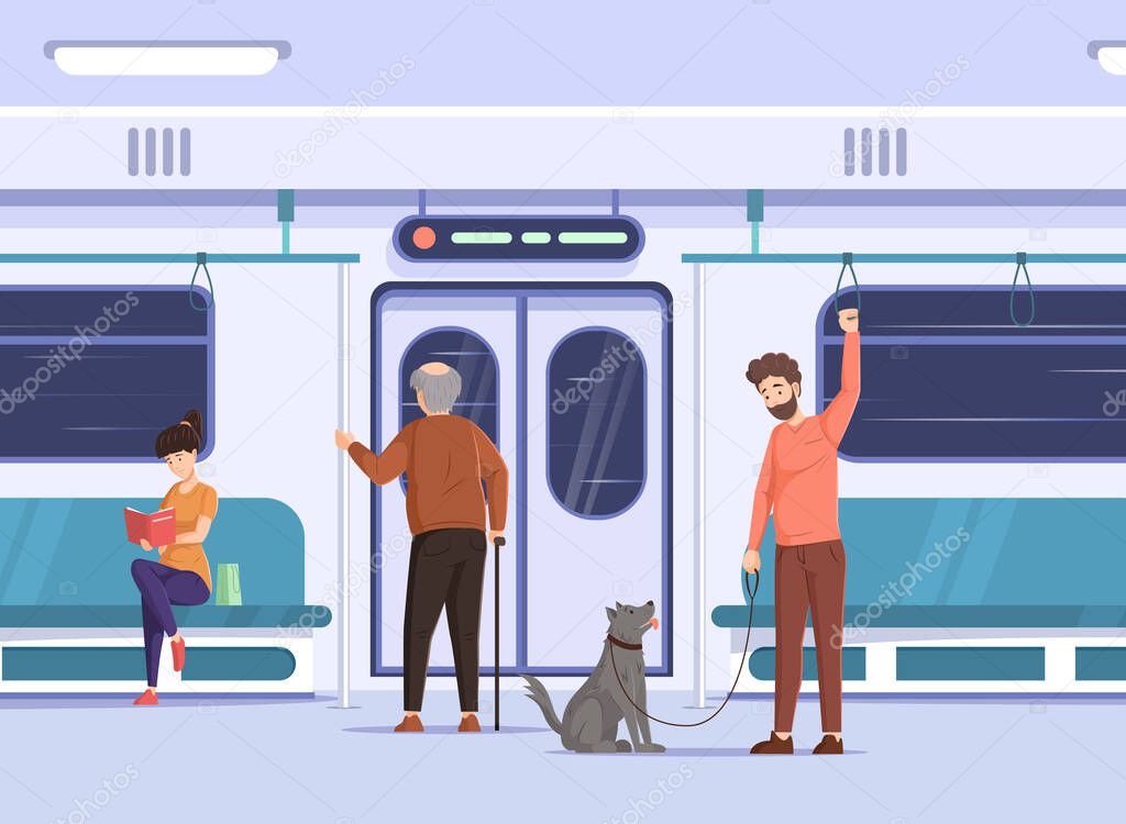 Crowd of people go by public transport metro. Passengers inside city bus subway train. Woman reading book, man with pet at train interior. Elderly man prepares to leave cartoon vector