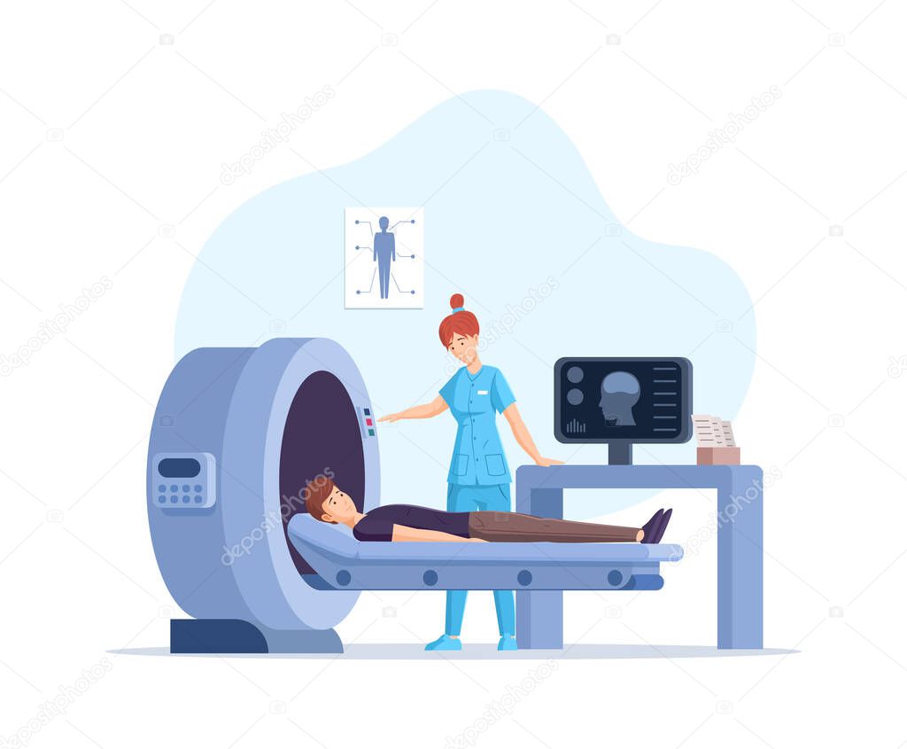 Male patient examination mri check up disease prevention at clinic. Doctor medical worker with x ray body analysis. Magnetic tomography scanning test diagnostic scan with modern equipment vector