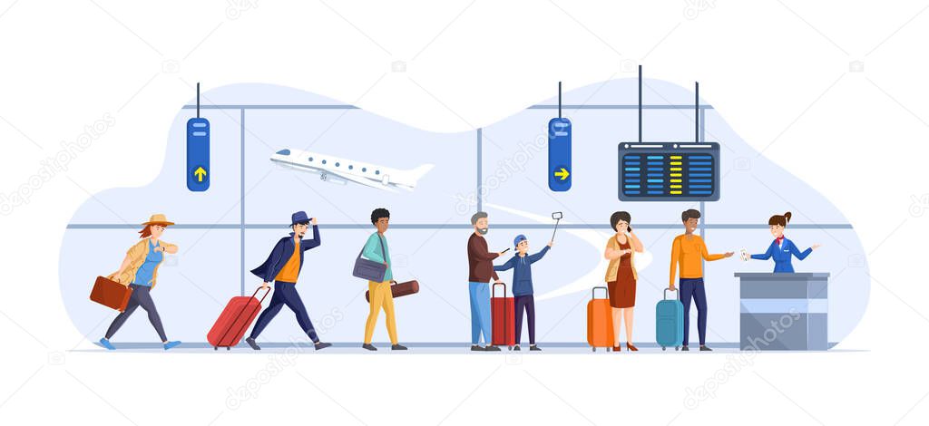 Running tourists delay to flying departure at airport interior. Different people with luggage suitcases in queue to flight attendant behind airport check in counter. Last call aircraft boarding vector