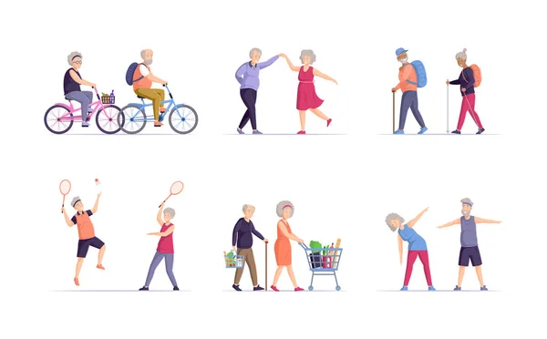 노인들의 활동이다 방식은 조부모를 퇴직자들 자전거타기 하이킹 테니스 스포츠 벡터하기 — 스톡 벡터