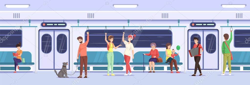 Crowd of people go by public transport metro. Passengers inside city bus subway train. Man woman children pet at train interior communicate, reading book. Urban commuting vehicle vector illustration
