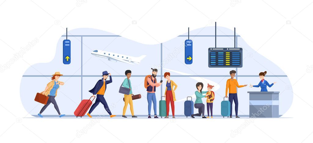 Running tourists delay to flying departure at airport interior. Different people with luggage suitcases in queue to flight attendant behind airport check in counter. Last call aircraft boarding vector