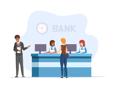 Banka ofisindeki çeşitli insanlar, yöneticiler ve müşteriler. Mali danışmanlık merkezindeki müşterilerle çalışan dost canlısı çalışanlar bekleme odasında resepsiyonda. Genç ve yaşlılar bankacılık vektörünü ziyaret etti