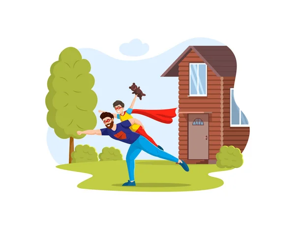Man Child Superhero Costumes Playing Game Together Happy Childhood Parenthood — Stock Vector