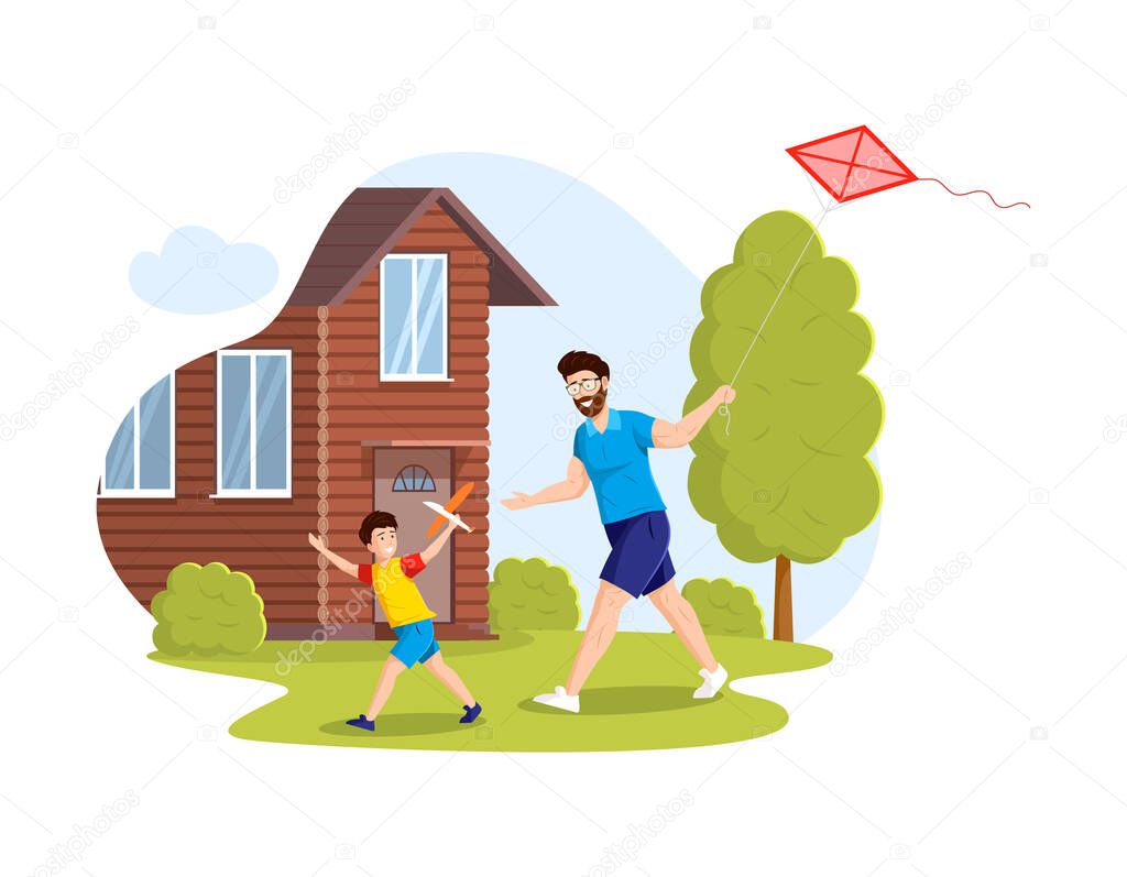 Man and child with flying kite. Happy father and son run across field launching a kite in countryside. Smiling family dad boy enjoying summer outdoor activity. Friendly family cartoon vector