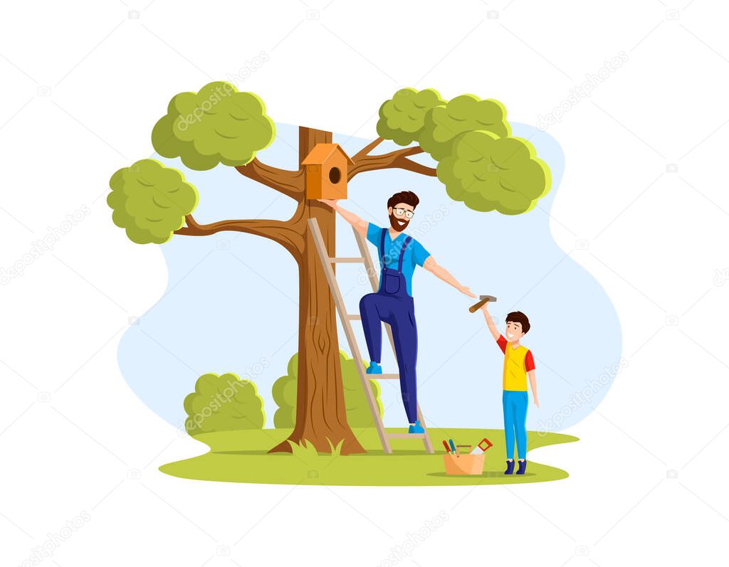 Happy father and son hanging birdhouse on tree. Smiling family dad boy enjoying summer outdoor activity. Weekend sparetime and outdoors activity, friendly family cartoon vector