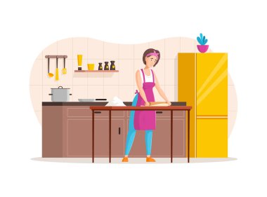 Mutfaktaki mutlu kadın hamuru dışarı atıyor. Kız hamur köftesi pişiriyor. Mutfakta ev yapımı pişirme hazırlığı. İnsanlar mutfak çizgi filminde vektör illüstrasyonunda yemek yapıyor.
