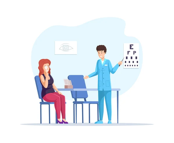 Woman Patient Doctor Office Checks Her Eyesight Vision Test Chart — Stock Vector