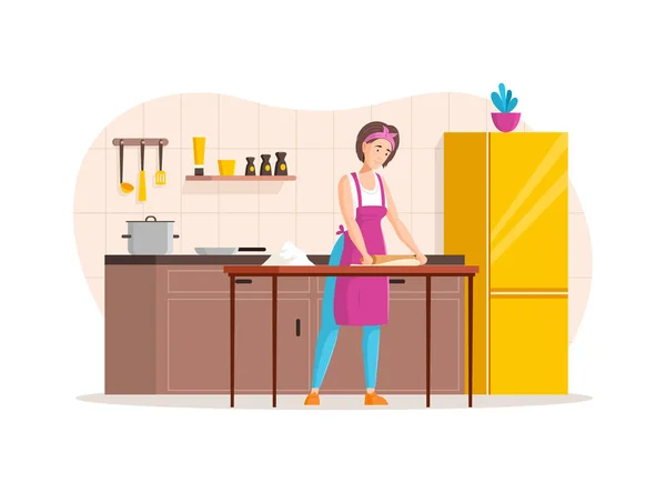 Glückliche Frau Rollt Den Teig Der Küche Aus Mädchen Kochen — Stockvektor