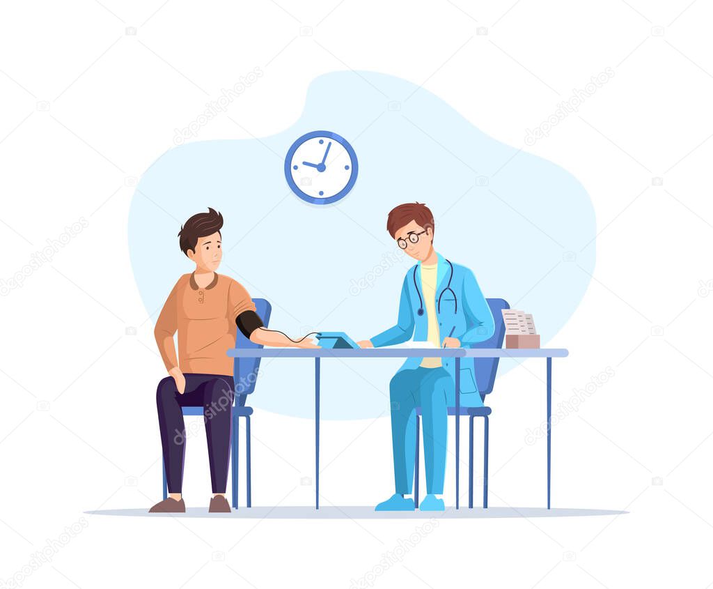 Male doctor and patient measure blood pressure at hospital. Man visited physician for regular medical checking. Clinical analysis, treatment and diagnostic tests. Healthcare vector illustration