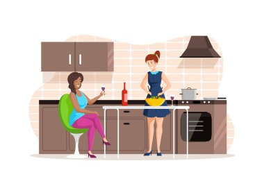 Women girlfriends resting together at kitchen. Girls preparing homemade vegetable salad and drink wine. People cooking in kitchen cartoon vector illustration