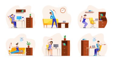 Collection of people doing stretching exercises at office syndrome. Set of tired employees performing yoga training. Workout body for flexibility, prevention of sedentary lifestyle vector illustration