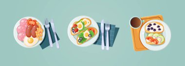 Morning healthy food top view. Set classic breakfast dish with beverage. Appetizing serving eggs salad toasts, sandwiches, scrambled eggs, sausages, vegetables cartoon vector illustration