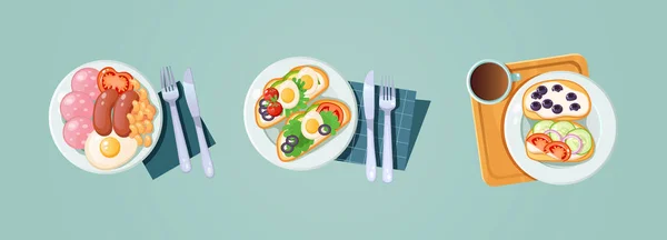 Morgen Gesunde Ernährung Draufsicht Set Klassisches Frühstücksgericht Mit Getränk Appetitlich — Stockvektor