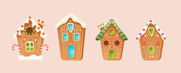 Coleção Diferente Bonito Gingerbread Natal Casas Inverno Conjunto Biscoitos Doces — Vetor de Stock
