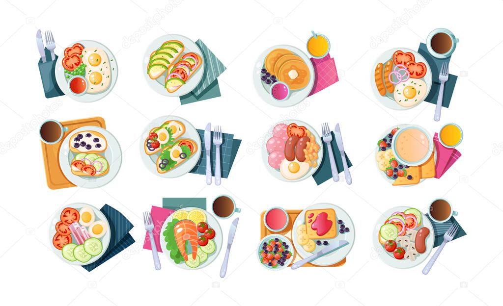 Morning healthy food top view. Set classic breakfast dish with beverage. Appetizing serving avocado toasts, coffee and pancakes with butter, eggs, sandwich, oatmeal, sausage and fish cartoon vector