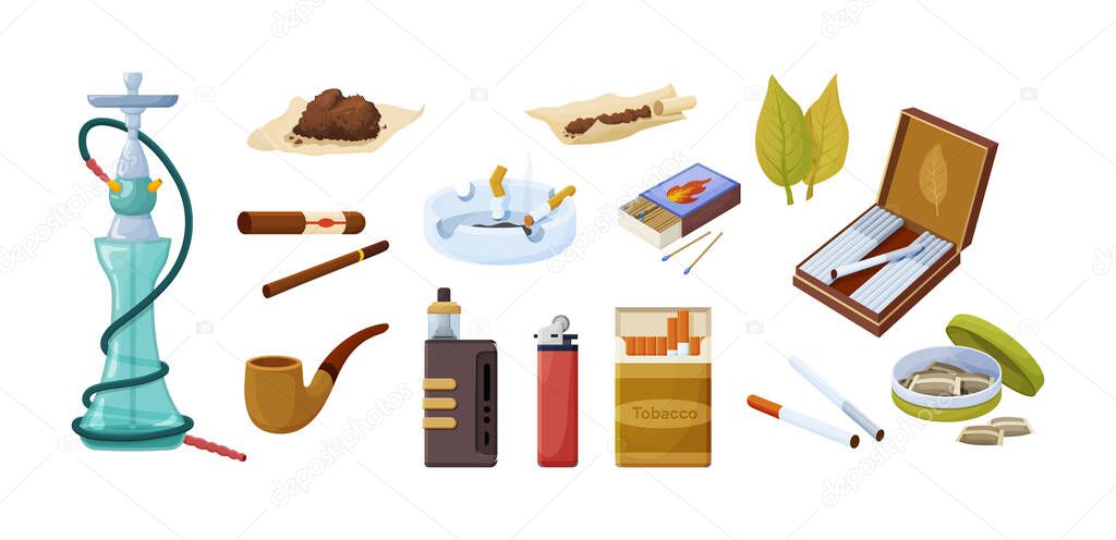 Set of tobacco products. Different things, accessories for smoking. Cigarettes, cigars, hookah, leaves, ceremonial pipe, vape, snuff, lighter, ashtray. Smoking tobacco accessory, cigarette harm vector