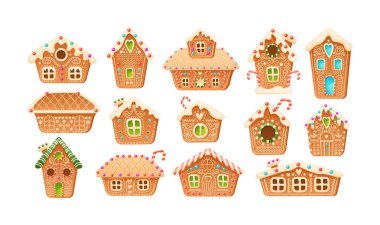 Farklı tatlı zencefilli çörekler, kışlık evler. Bina şekilli tatil şekerli kurabiyeler. Tatlı pişirme tatlı köy kulübesi çatılarda karla kaplı vektör illüstrasyonu