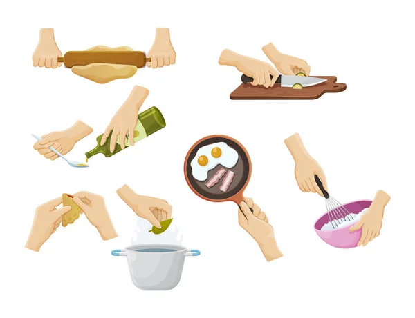 Sammlung Menschlicher Hände Bei Der Essenszubereitung Kochutensilien Mit Suppe Eiern — Stockvektor