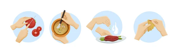 Verzamel Mensenhanden Die Voedsel Bereiden Kookgerei Met Soep Vlees Bakken — Stockvector