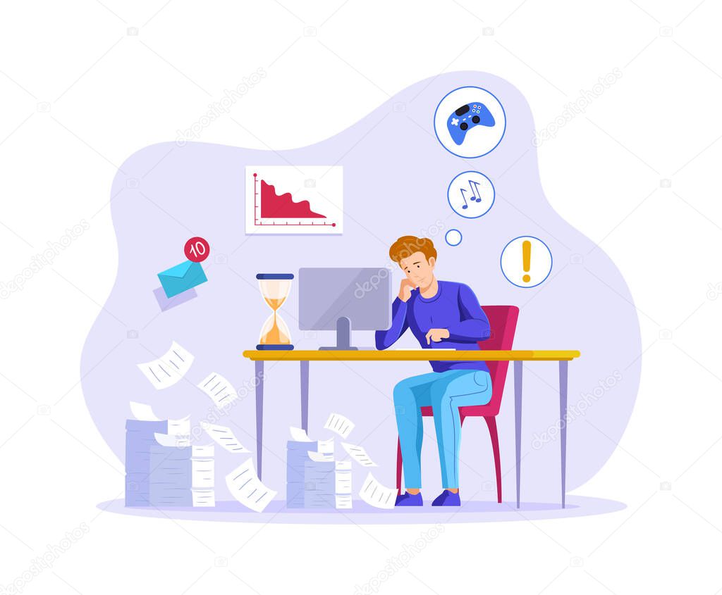 Relaxed man sitting wasting time for games and entertainment instead of working under tasks. Procrastination male office employee worker at workplace with burning date. Deadline failure vector