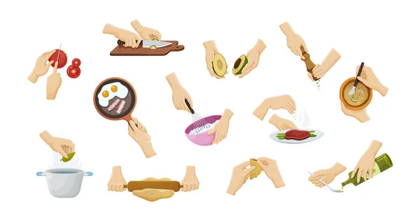 Collection Mains Humaines Préparant Nourriture Ustensiles Cuisine Avec Soupe Oeufs — Image vectorielle