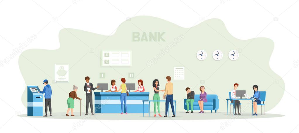 People managers, clients at bank office room. Employees working with customers at financial consulting center, queue of customers to bank employees room reception. Young and elderly visited banking