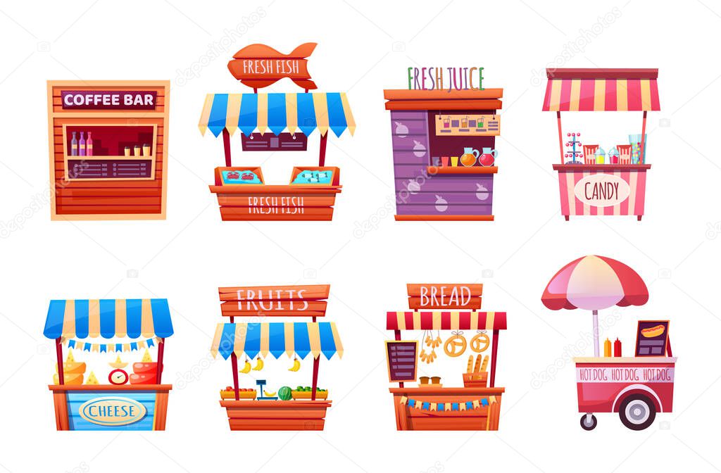 Food market. Set of street tent, car, truck, van selling fruits, bread, pizza, dairy product, candy, cheese, ice cream, coffee bar, fresh fish, hot dog, bbq. Outdoor trade fast food cartoon vector