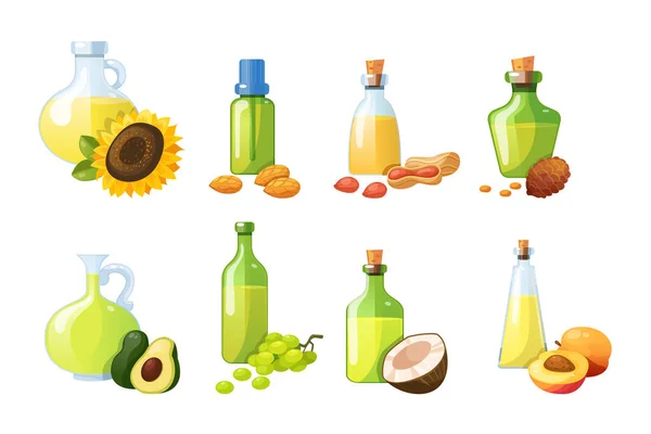 Juego Aceites Comestibles Cocinar Aceite Vegetal Para Comer Belleza Botellas — Vector de stock