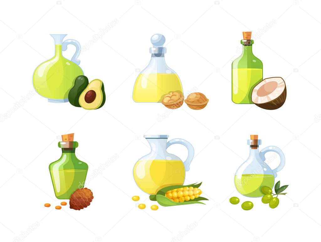 Set of edible oils. Cooking vegetable oil for eating and beauty. Bottles with eco organic delicious ingredients corn, walnut, coconut, avocado, cedar, olive vector cartoon