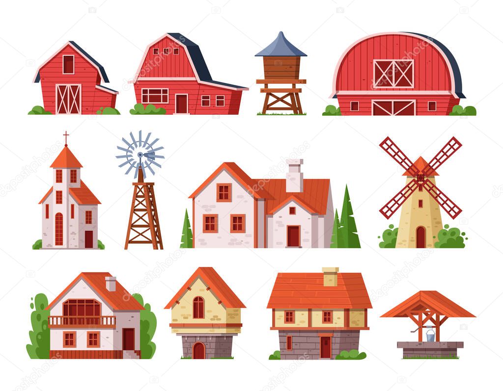 Rural buildings. Rural landscape building of bricks and wooden architectural construction for living or manufacturing. Exterior of countryside cottage, church, mill, windmill, well cartoon vector