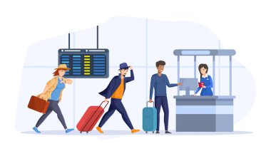Koşan turistler havaalanının iç kısımlarına uçmayı geciktiriyor. Havaalanının arkasında uçuş görevlisi kuyruğunda bavulları olan insanlar tezgahta kontrol ediyor, belge karikatür vektörünün doğrulanması
