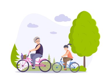 Yaz orman parkında bisiklet süren mutlu büyükanne ve torun. Aile yakınları birlikte zaman geçirir. Açık hava aktivitelerinden ve sağlıklı yaşam tarzından keyif alırlar. Bisikletli çizgi film vektörüne bin